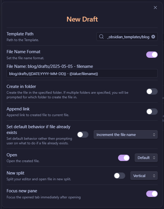 cropped screenshot of a QuickAdd action setup for making my drafts