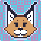 pixel art profile icon for some cat: front view of a contented cat face, geometric squares background