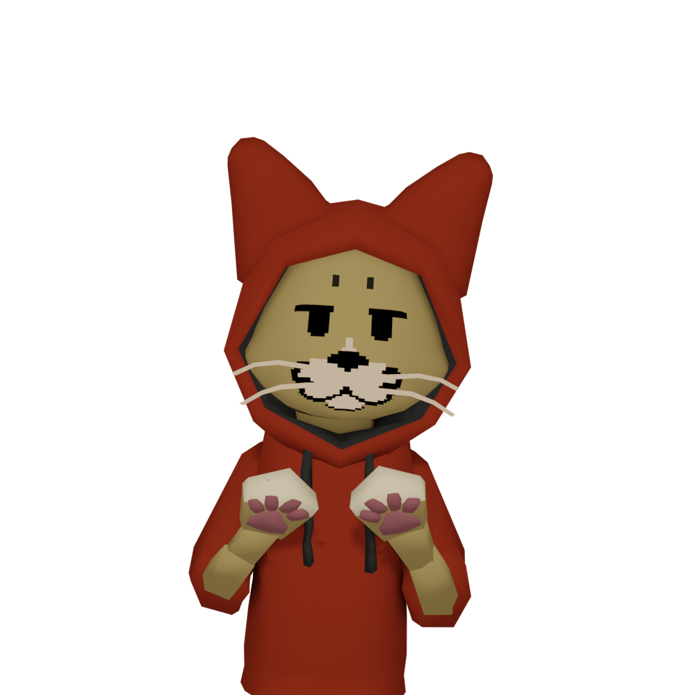 some cat, leaning very slightly, wearing a red hoodie with ears (hood up), holding both paws in front as if in the middle of speaking